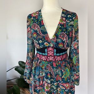 Flying Tomato Colorful Embroidered Floral Paisley Sheer Mini Longsleeve Dress